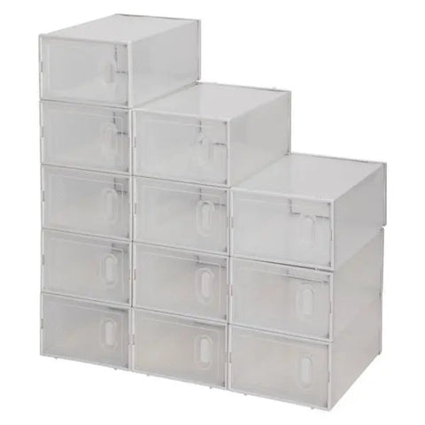 Sneakers visible through the clear front of a shoe storage box
