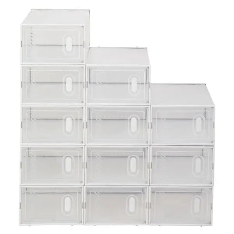 Closed shoe boxes keeping footwear dust-free inside a wardrobe